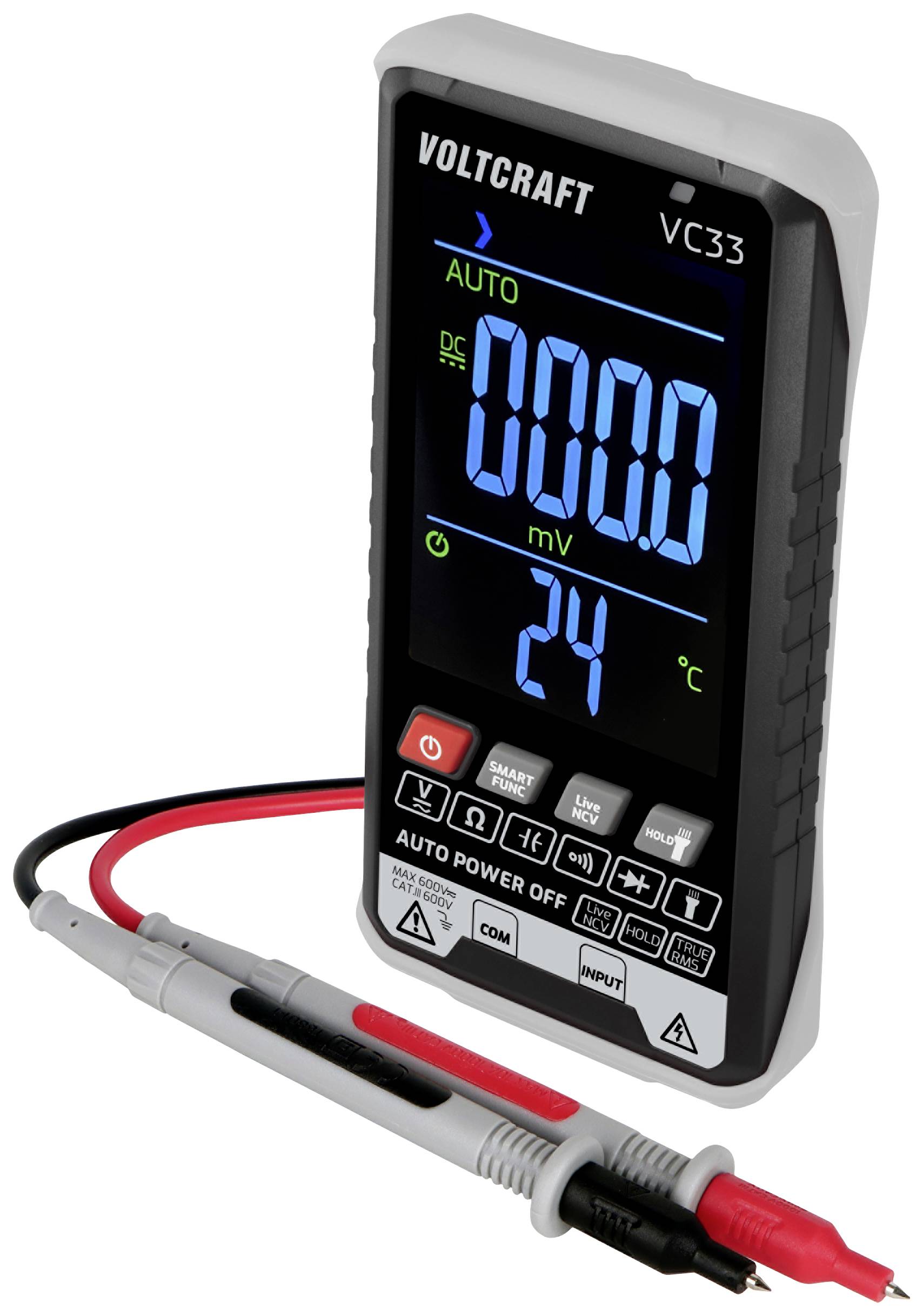 Digitalni voltmetar prikazuje '000.0 mV'. Uređaj je u automatskom načinu rada i mjeri temperaturu od 24°C. Crveni i crni mjerni kabeli su priključeni.