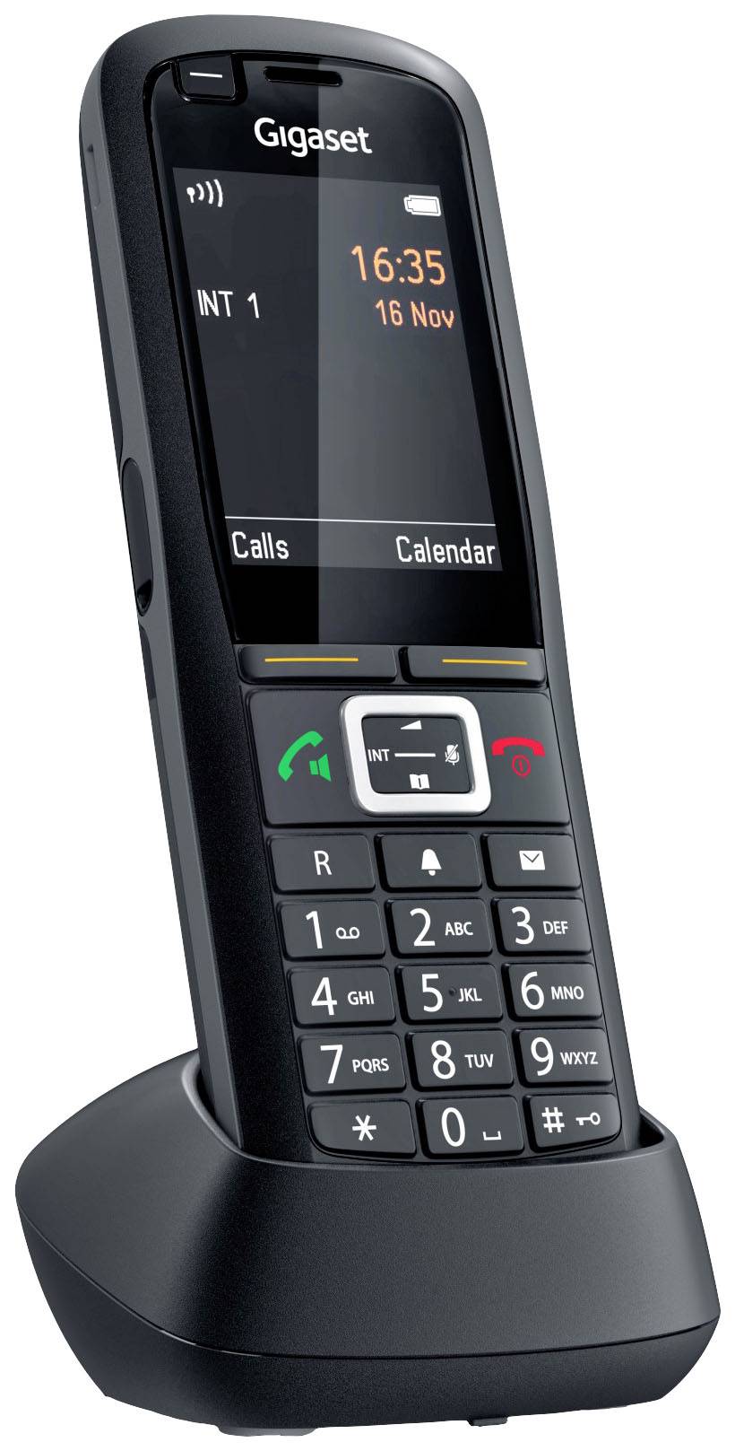 Bežični telefon u punjačkoj stanici, prikazuje vrijeme, datum i izbornik na zaslonu. Tipkovnica s brojčanicima i funkcijskim tipkama.