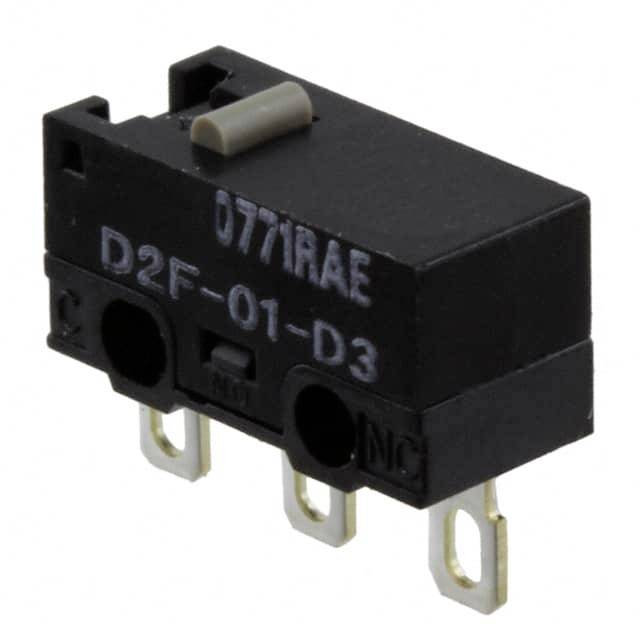 Crni mikroprekidač s tri zlatne čivije i natpisom 'D2F-01-D3'.
