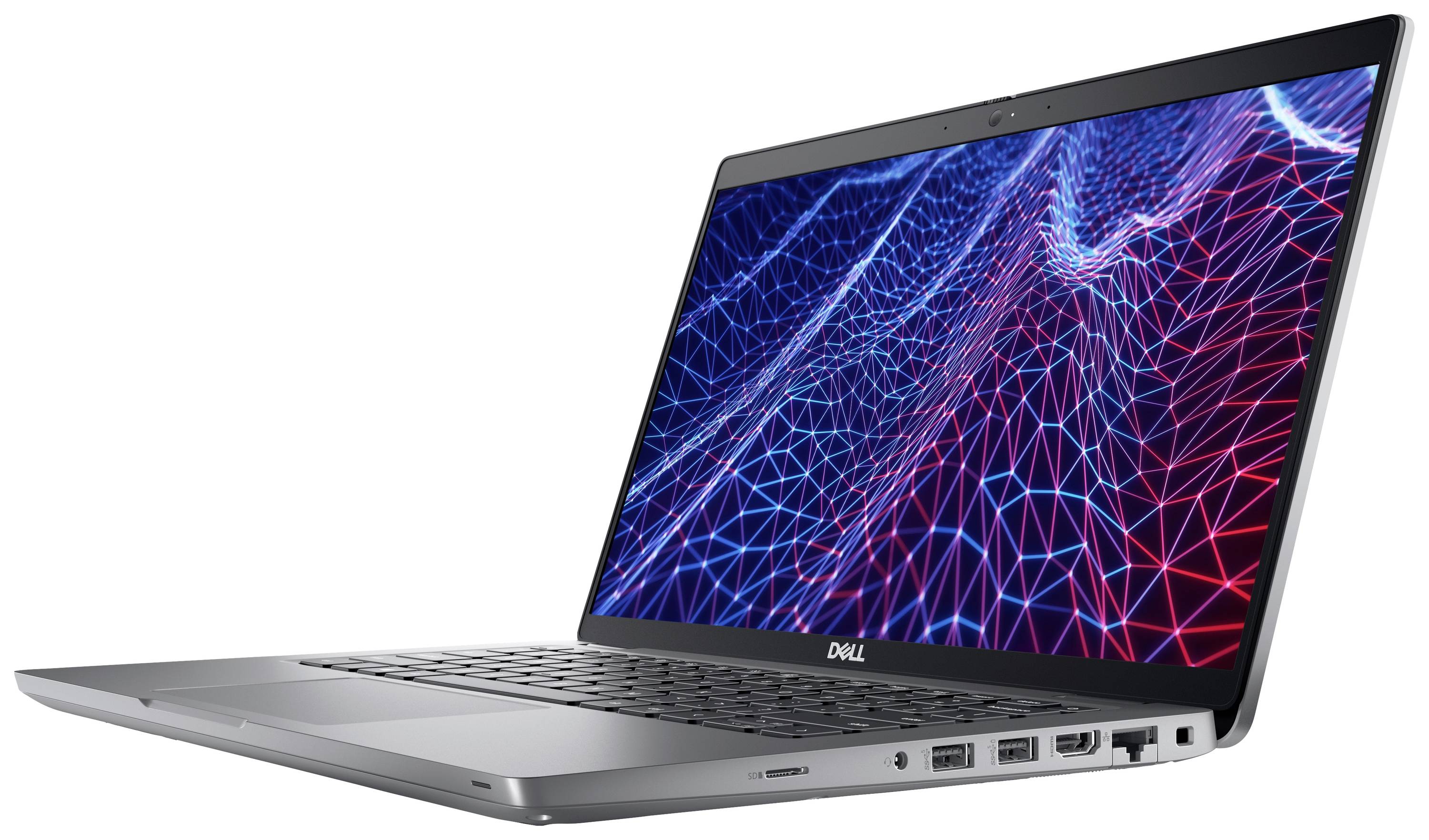 Laptop Dell-a s otvorenim zaslonom koji prikazuje futurističku, digitalnu mrežu sastavljenu od plavih i crvenih linija.