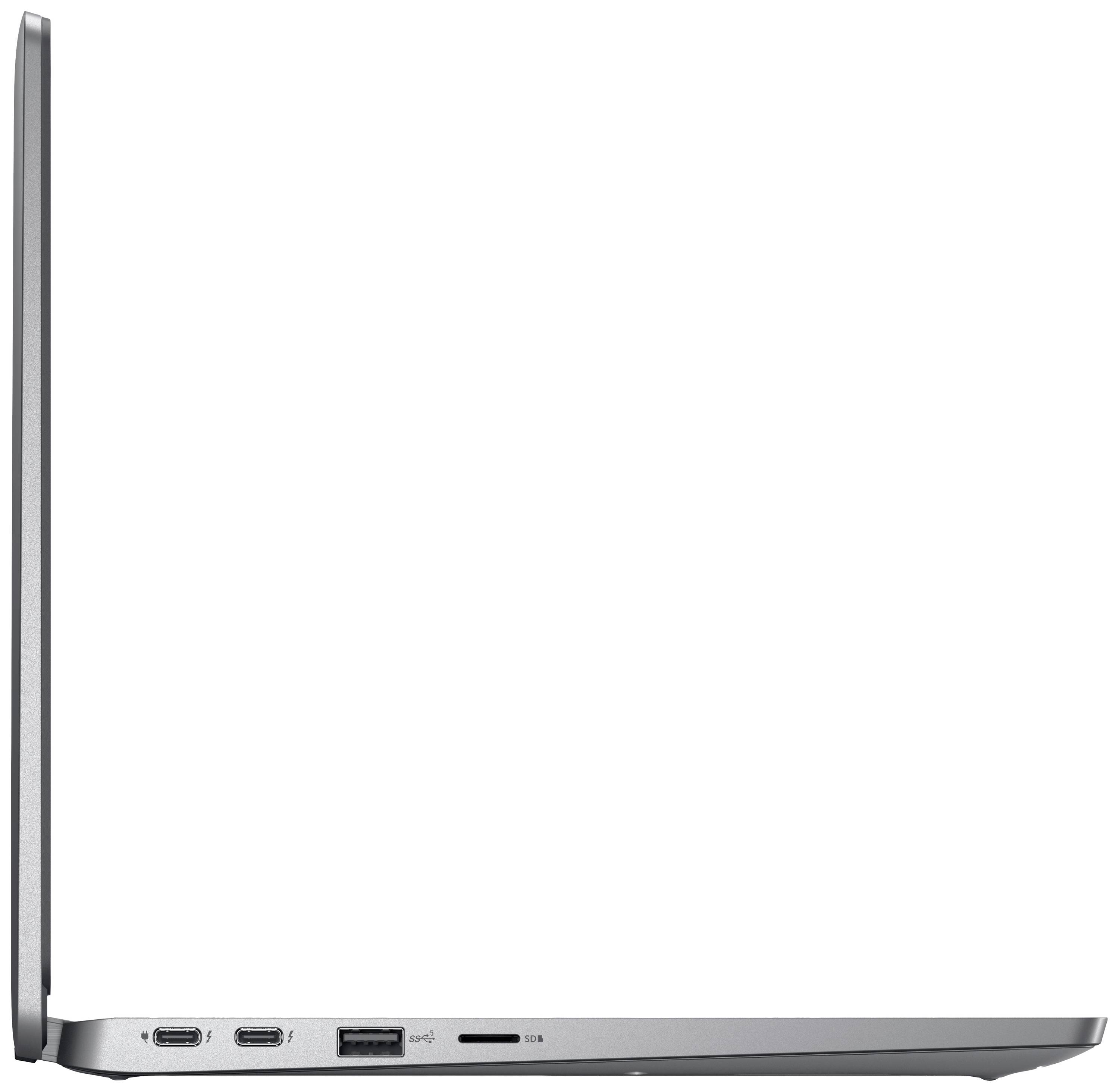 Laptop koji je djelomično otvoren prikazuje priključke: dva USB-C priključka, jedan USB-A priključak i utičnicu za slušalice.