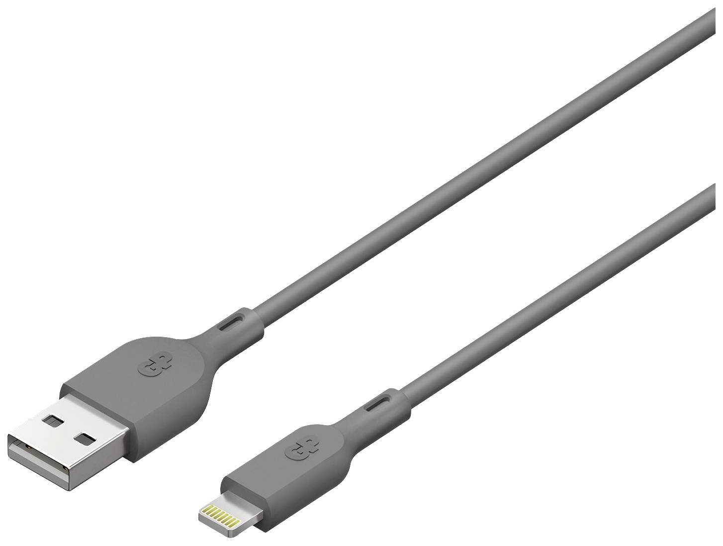 Sivo USB-na-Lightning kabel. Lijevo se nalazi USB utikač, desno Lightning priključak. Pogodan za Apple uređaje.