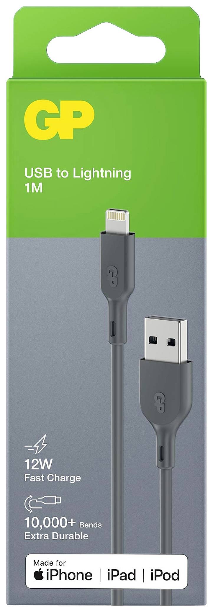Pakiranja GP USB-do-Lightning kabela, duljine 1 metar, za brzo punjenje od 12W, kompatibilno s iPhone, iPad i iPod uređajima.