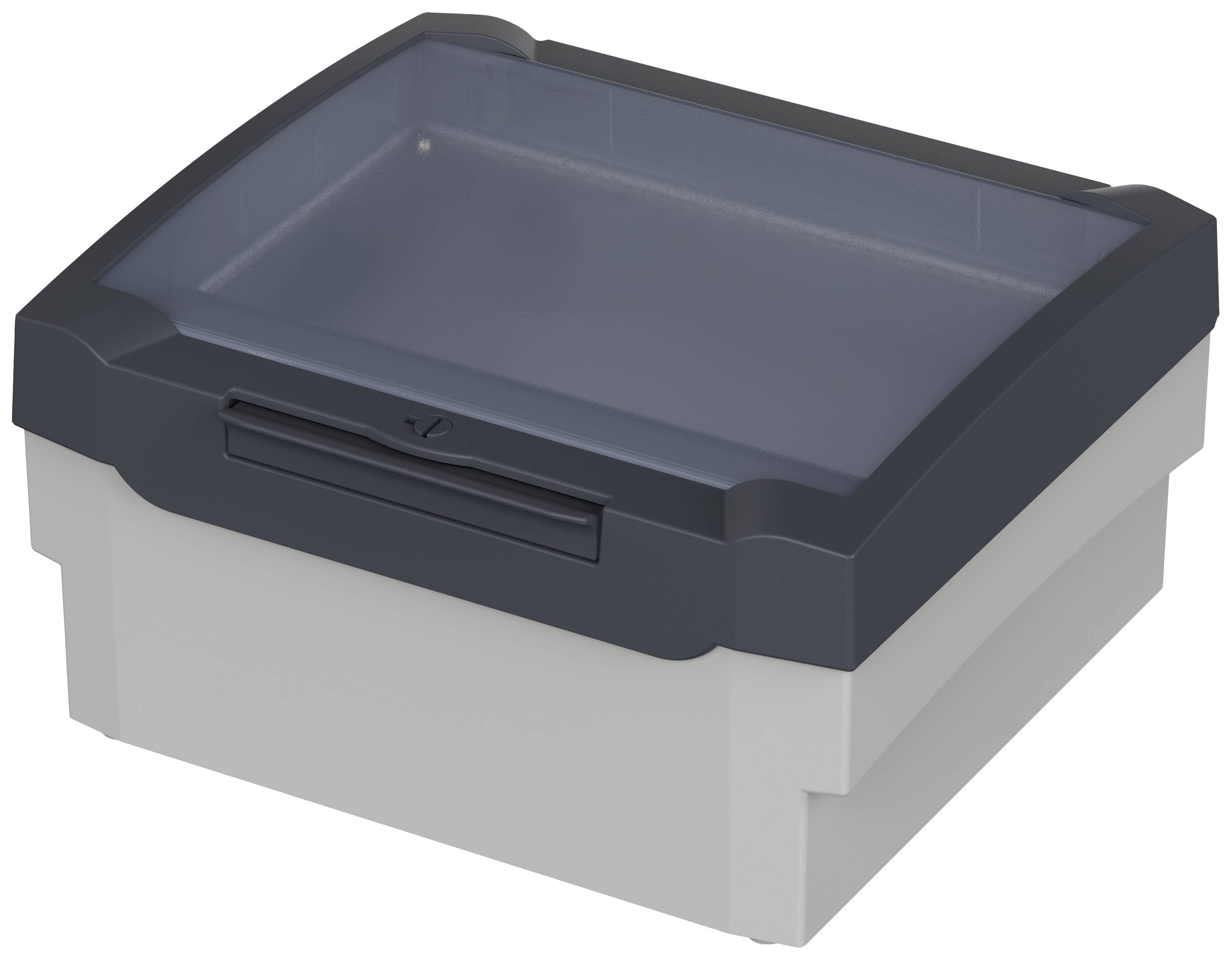 Sivo plastično kućište sa prozirnim poklopcem, kvadratnog oblika, za elektroničke komponente, pogodno za montažu na zid.