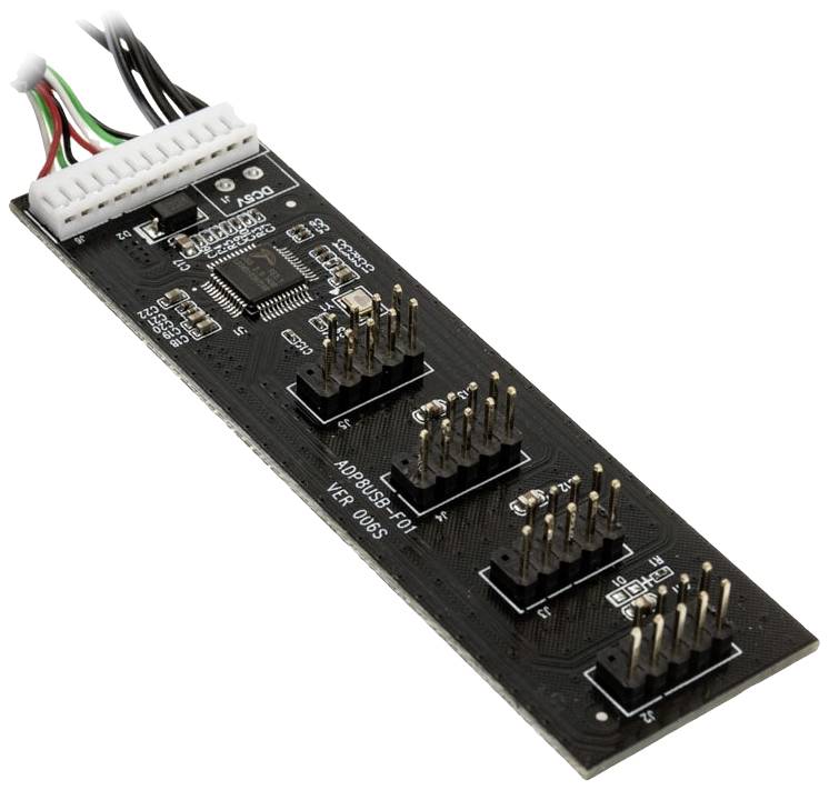 Crna PCB ploča s više redova iglastih kontakata i kabelskih priključaka, korištena za elektroničke spojeve i upravljačke funkcije.