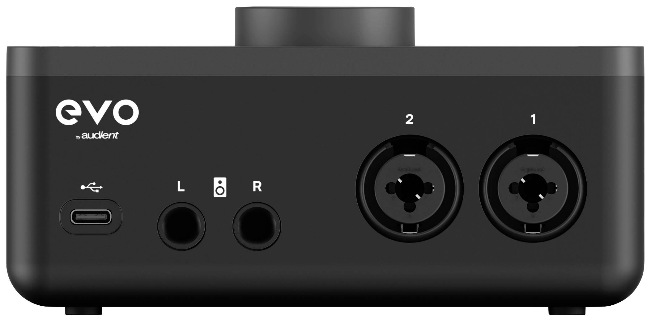 Crni audio interfejs s natpisom 'evo by audient', dvije kombinacijske utičnice za mikrofone/instrumente i razni priključci.