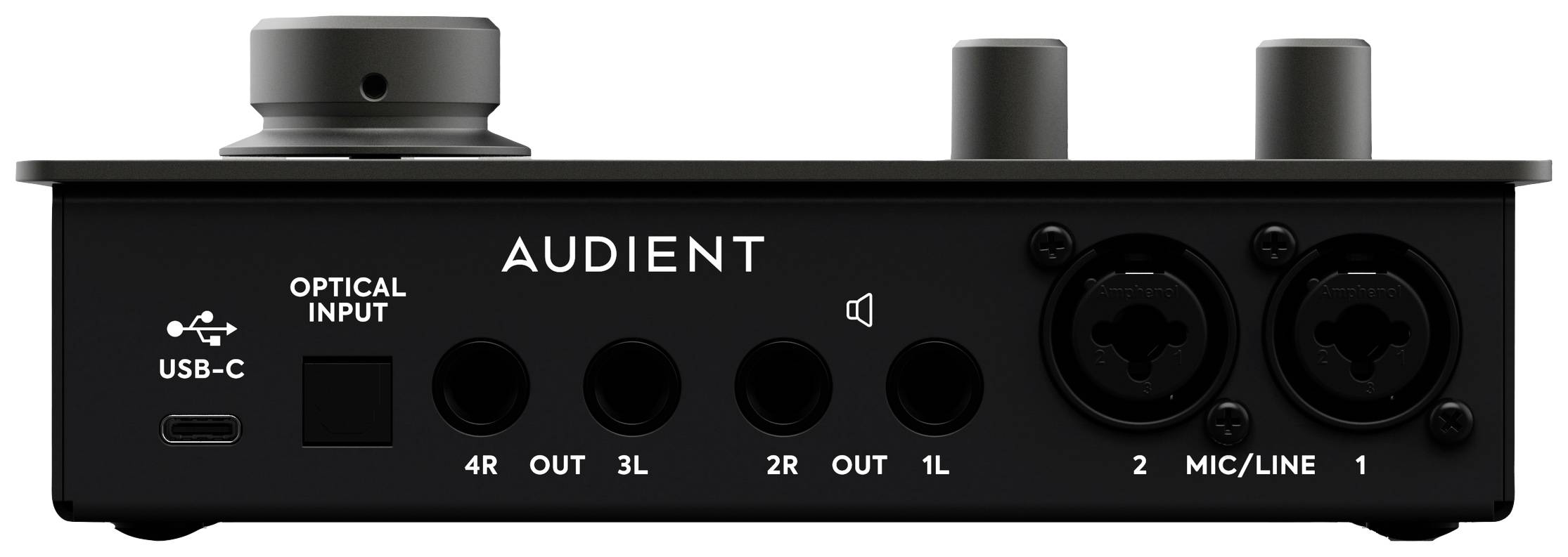 Prednji pogled crnog audio sučelja s USB-C priključkom, dva mikrofon-/line ulaza i audio izlaza.