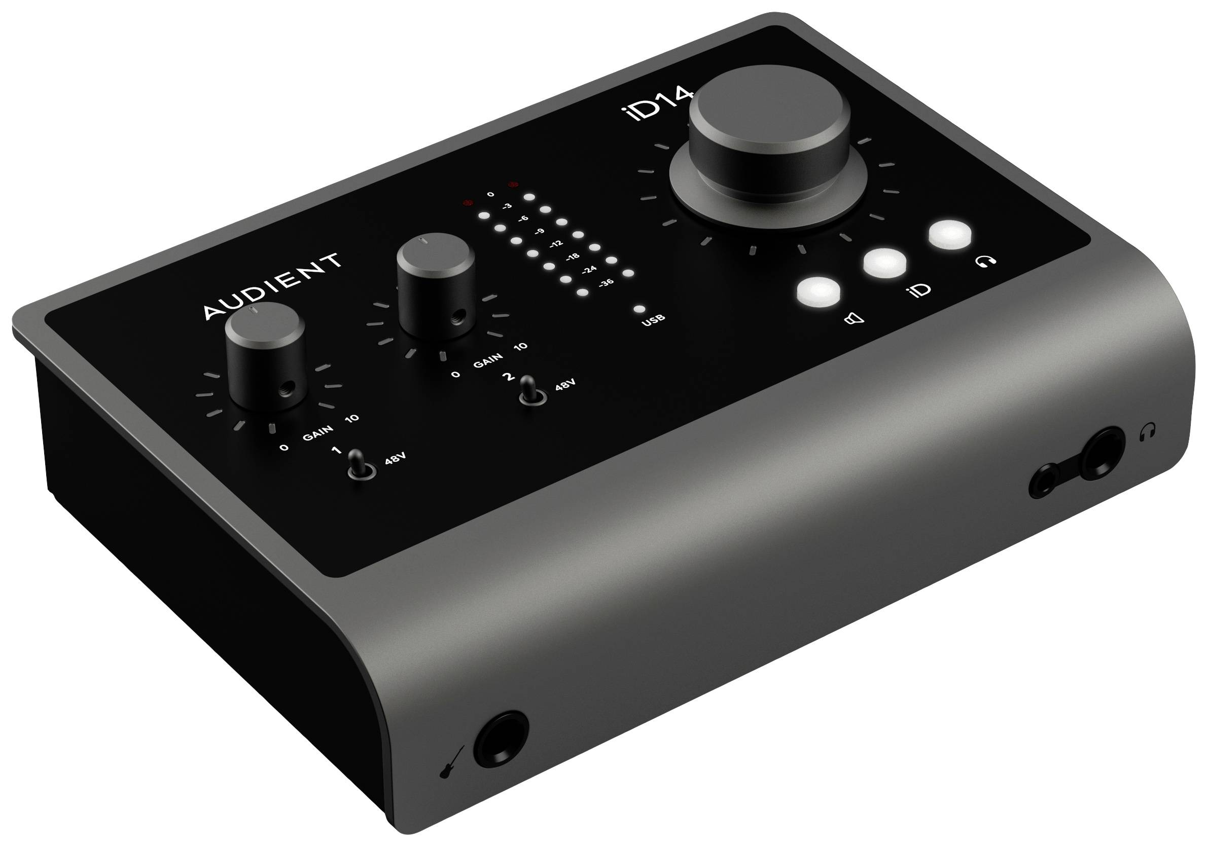 Audio-sučelje u crnoj boji s okretnim regulatorom, tipkama i više priključaka. Marka 'Audient', model 'iD14'. Pregledno korisničko sučelje za upravljanje zvukom.