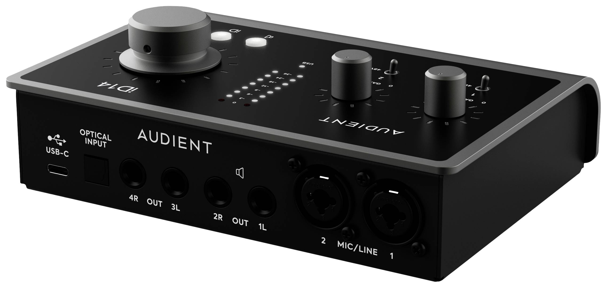 Crni audio interfejs s više regulatora, ulaza i izlaza, pogodan za profesionalne glazbene i tonske snimke.