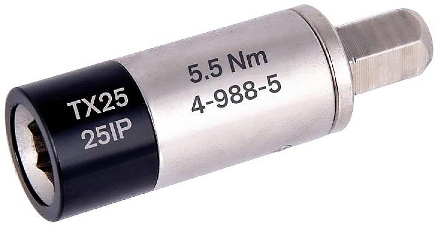TX25 bit, natpis '5.5 Nm 25IP 4-988-5', šesterokutno tijelo, srebrne i crne boje. Koristi se za vijčane radove.