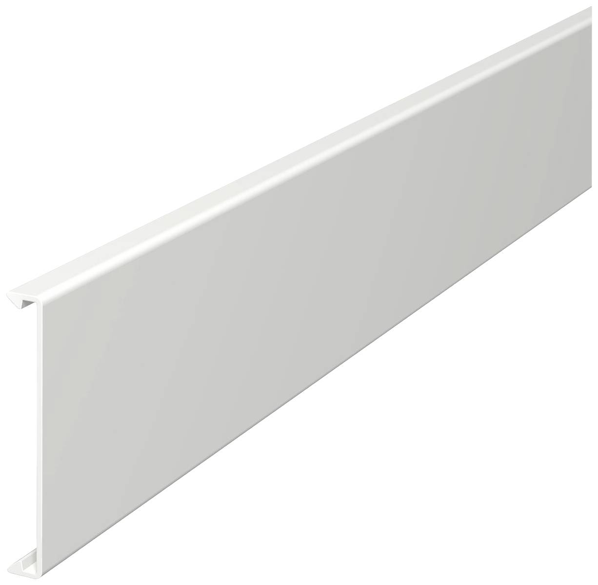 Bijela plastična bordura iz profila, gledana sa strane. Ima gladak površinski izgled i podesna je za završetak donjeg dijela zida.
