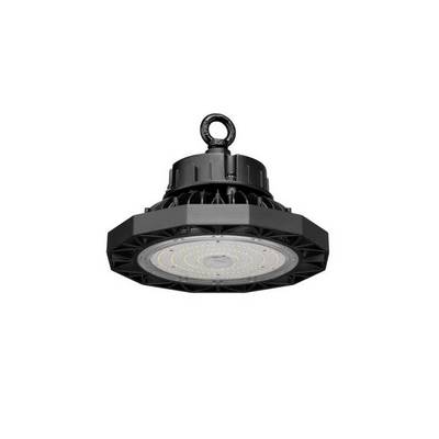 Okruglo, crno LED industrijsko svjetlo za halu s kačnom podupiračem i vidljivim LED modulima ispod. Pogodno za velike unutarnje prostore.