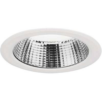 Srebrni reflektor u okruglom bijelom okviru, vjerojatno dio lampe ili svjetiljke, sjaji se pod svjetlošću.