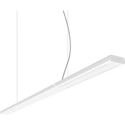 Bijela, moderna viseća lampa tankog, minimalističkog dizajna pred jednostavnom pozadinom.