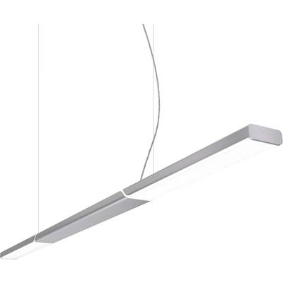 Moderna viseća lampa tankog, pravokutnog dizajna, u sivoj i bijeloj boji, visi na dva kabela. Idealna za uredske prostore.