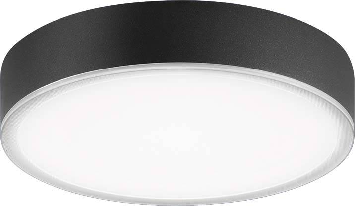 Crna, okrugla stropna lampa s bijelim difuzorom koja ravnomjerno osvjetljava prostor. Pogodna za moderne interijere.