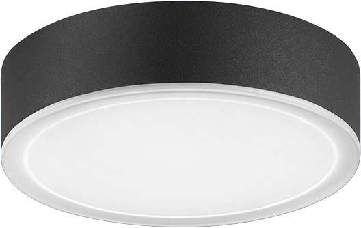 Crna i bijela stropna lampa jednostavnog, okruglog oblika. Idealna za moderne prostore.