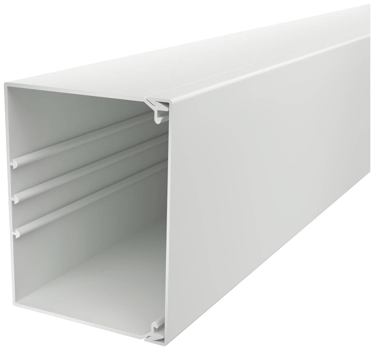 Bijeli pravokutni kabelski kanal od plastike s jednim otvorenim krajem i dvije unutarnje prečke za organizaciju kabela.