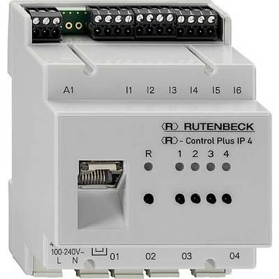 Sivi elektronički uređaj s nekoliko priključnih stezaljki i kontrolnih lampica. Natpis 'Rutenbeck Control Plus IP4'.