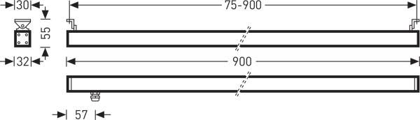 Dijagram izdužene svjetiljke sa sljedećim dimenzijama: širina 57 mm, visina 55 mm, podesiva dužina 75-900 mm, maksimalna dužina 900 mm.
