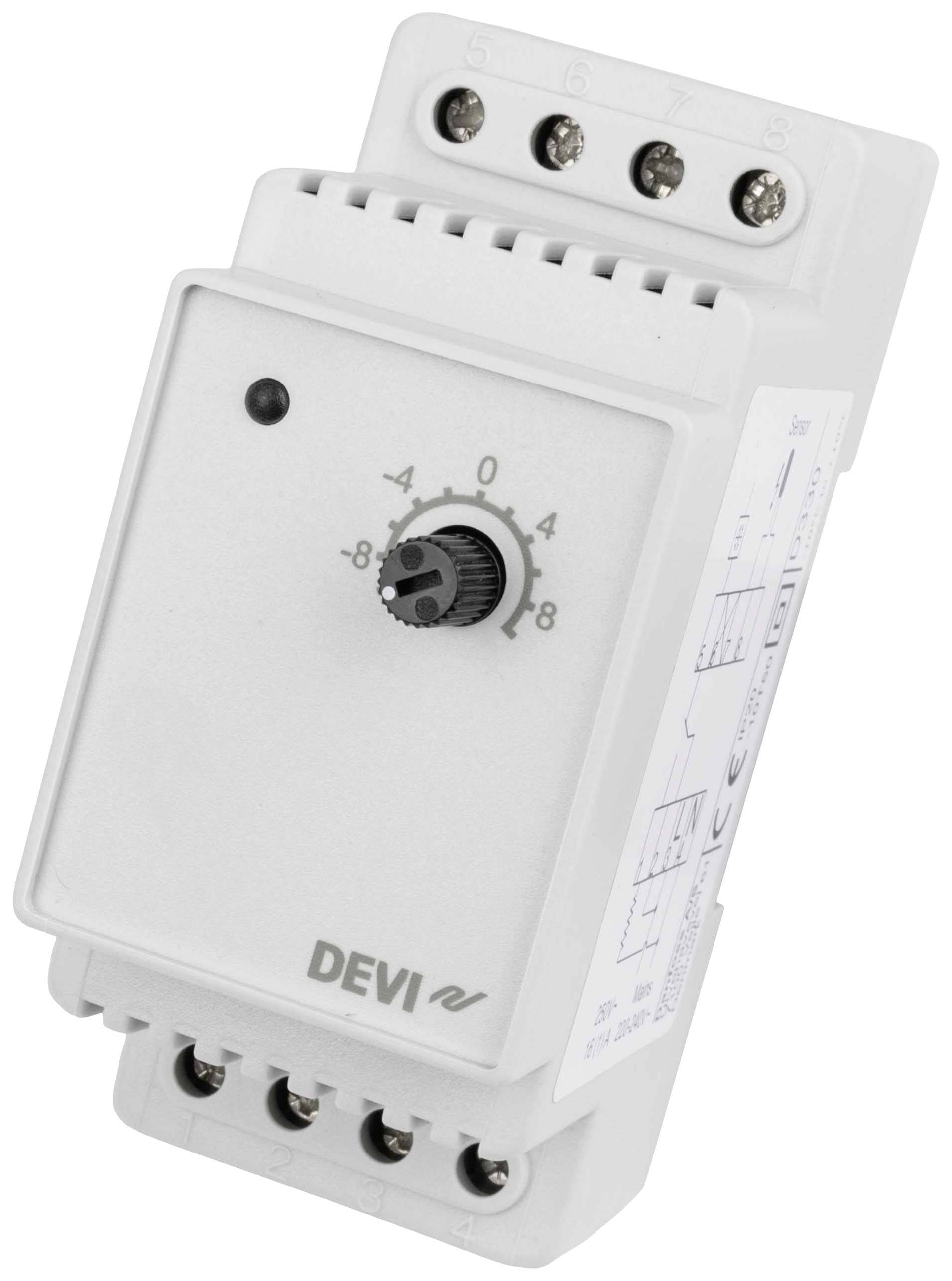 Električni regulator temperature s okretnim gumbom za podešavanje ljestvice od 0 do 10. Naziv marke 'DEVI' na prednjoj strani.