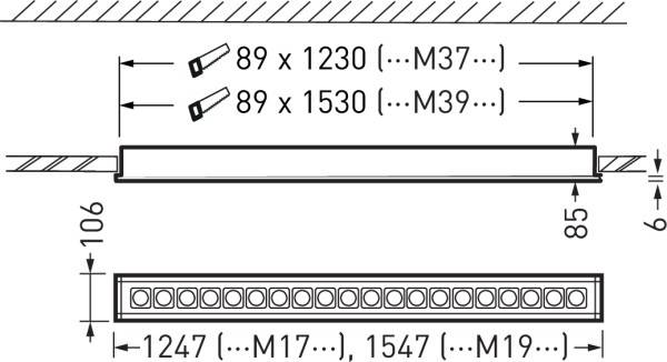 'Tehnički nacrt dugačkog dijela. Dimenzije: 89 x 1230 mm (M37), 89 x 1530 mm (M39). Visina: 106 mm. Širina: 1547 mm (M19).'