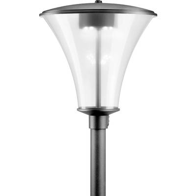 Podna lampa modernog dizajna: metalna šipka i prozirni sjenilo. Idealna za vanjsku rasvjetu u vrtovima ili stazama.
