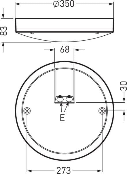 Tehnički nacrt okrugle stropne lampe. Promjer 350 mm, visina 83 mm, naznačene pozicije montažnih vijaka.