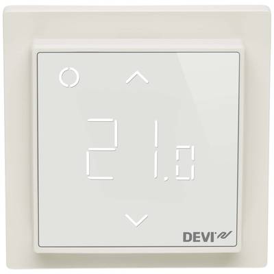 Bijeli termostat na zidu pokazuje temperaturu od '21,0' stupnjeva Celzija. Vidljiva su dva strelice za podešavanje temperature i logotip DEVI-ja.