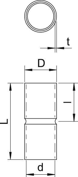 Tehnički nacrt cilindra s dimenzijama. Gore tlocrt; dolje bočni presjek. Označeno slovima 't', 'D', 'L' i 'd'.