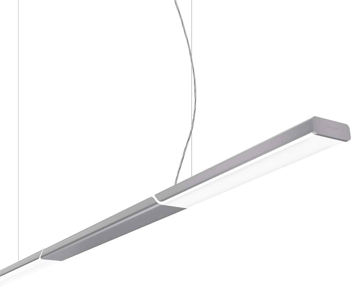 Viseća lampa modernog, vitkog dizajna i brušenog metalnog završetka, obješena na dva kabela. Pogodna za uredske prostore ili blagovaonice.