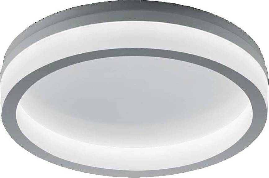 Okrugla LED stropna svjetiljka modernog dizajna, srebrnog okvira i neutralno bijele boje svjetla. Pogodna za suvremene prostore.