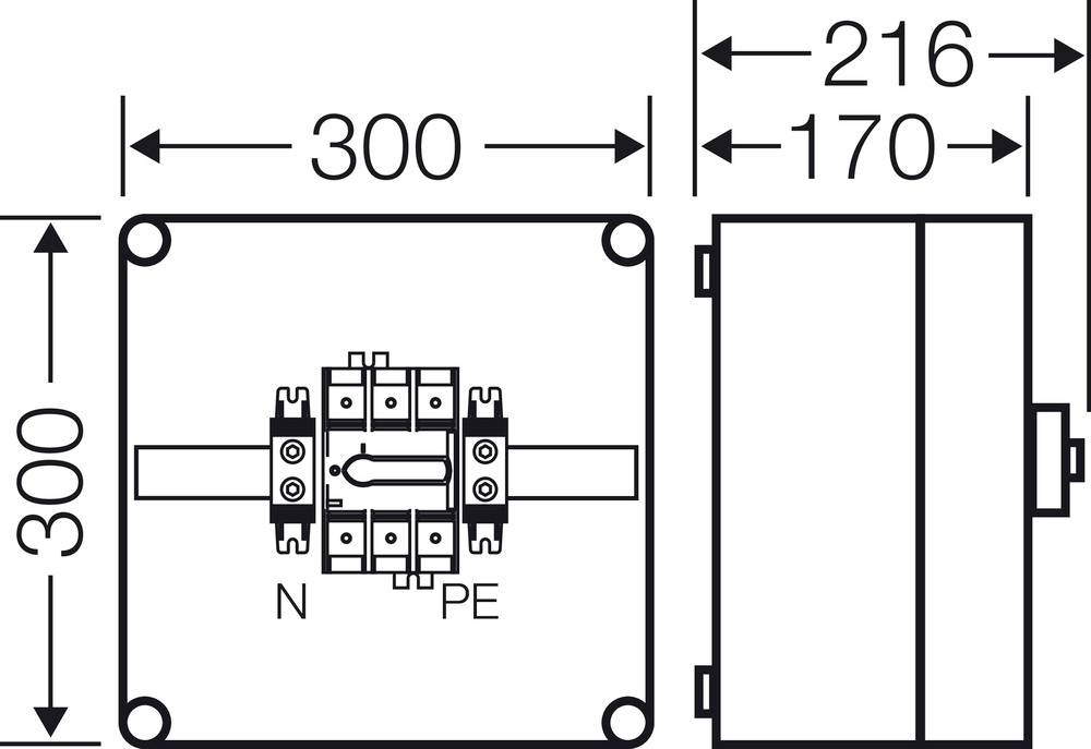 Slika prikazuje električni razvodni ormarić dimenzija: 300x300x170 mm. Označen je oznakama 'N' i 'PE' za neutralni vodič i zaštitni vodič.