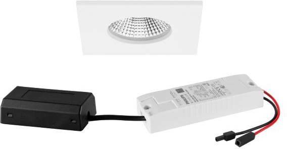 LED downlight komponente: leća gore, ispod nje pravokutni pretvarač povezan kabelima. Napajanje za LED rasvjetu.