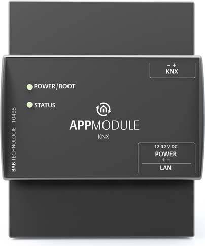 KNX aplikacijski modul tvrtke BAB Technologie, s LED indikatorima za 'Napajanje/Boot' i 'Status', te priključcima za 12-32V DC napajanje i LAN.