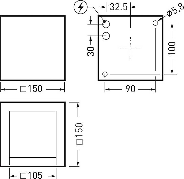 Tehnički nacrt (konstruktivni crtež) kvadratnog metalnog dijela, dimenzije: 150 x 150 mm i 100 x 100 mm sa otvorima za pričvršćivanje i oznakom strujnog smjera.