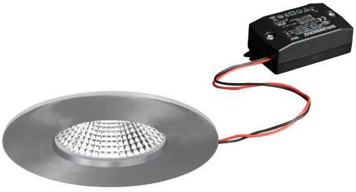 Stropna lampa s okruglim, srebrenim kućištem i strukturiranim staklom. Dva kabela virе iz same lampe.