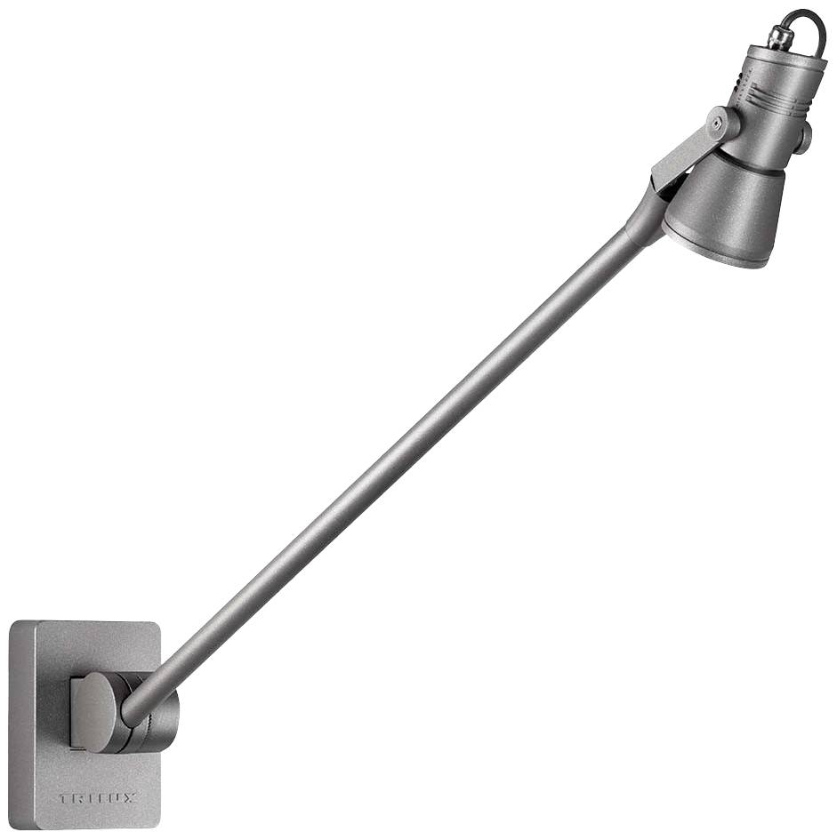 Srebrna, podesiva zidna lampa dugog kraka i malog sjenila, pogodna za usmjereno osvjetljenje.