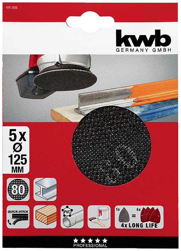 Set brusnih ploča 'kwb Germany GmbH', 5 komada, Ø 125 mm, pogodan za drvo i metal. Sadrži simbole za primjenu i trajnost.