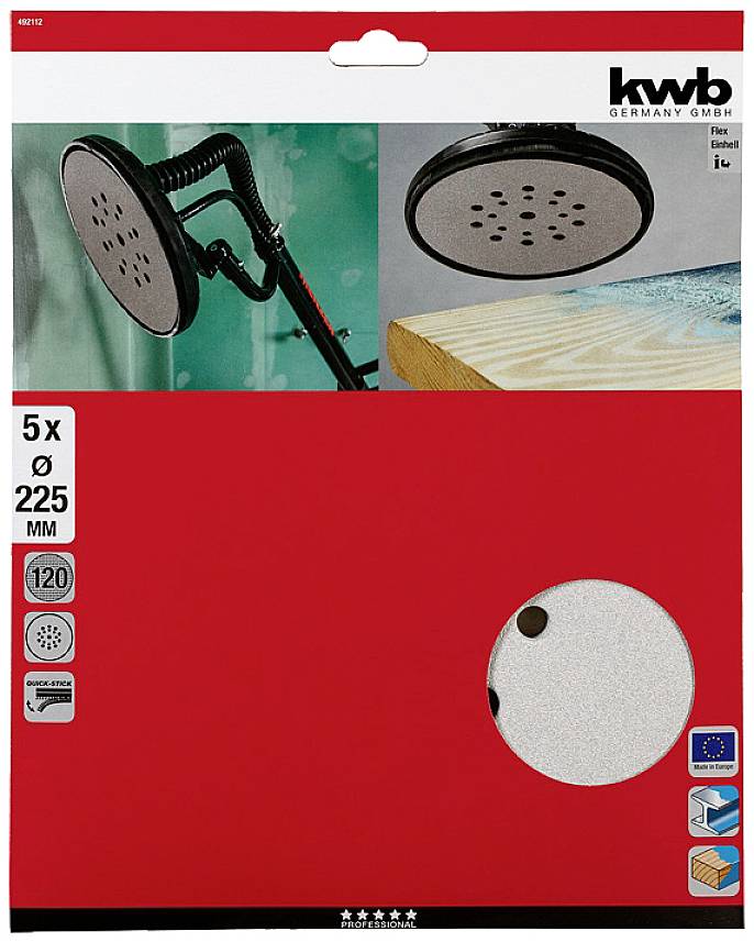 Pakiranje brusnih ploča: Prikazuje dva primjera njihove primjene na drvu i zidu. Sadržaj: 5 komada, promjer 225 mm, zrnatost 120.