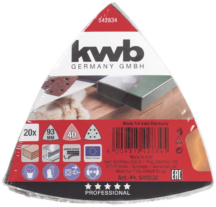 Ambalaža trokutastog brusnog papira s logotipom marke 'kwb Germany GmbH', detaljima proizvoda i barkod oznakom. Sadržava 20 komada, 93 mm, granulacija 40.