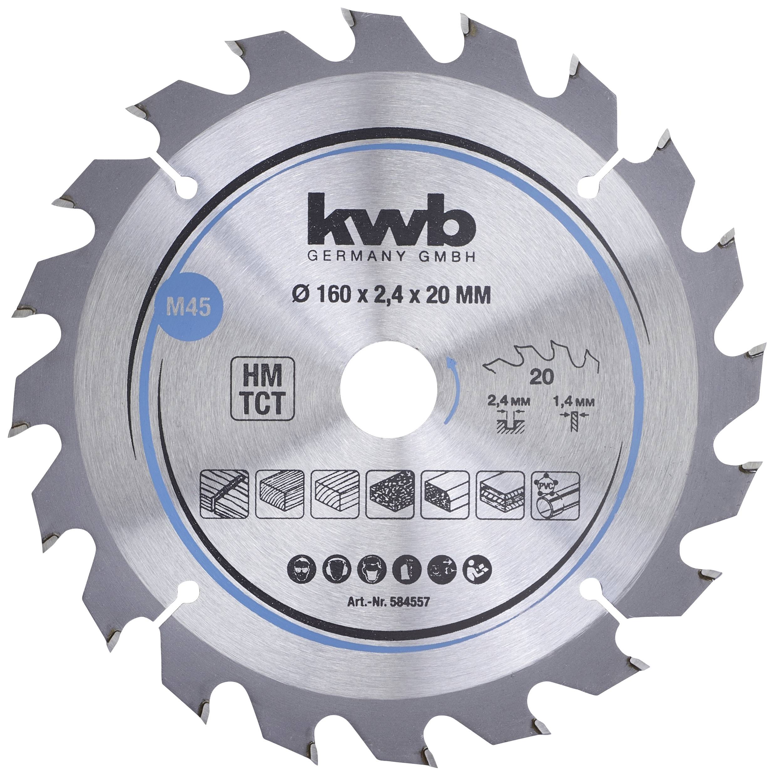 Listić kružne pile od metala, srebrne boje, s crnim oznakama. Natpis 'kwb GERMANY GMBH', promjer 160 mm, debljina 2,4 mm.