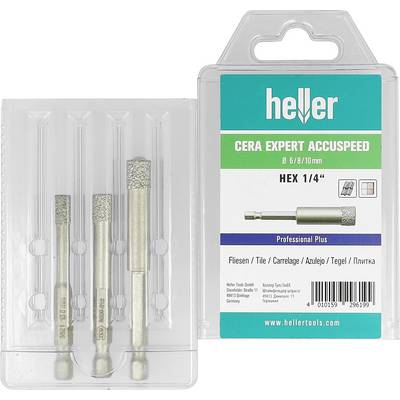 Paket od tri Hellerova dijamantna svrdla za pločice, označeni s 'Cera Expert Accuspeed' i 'HEX 1/4', u prozirnoj plastičnoj ambalaži.