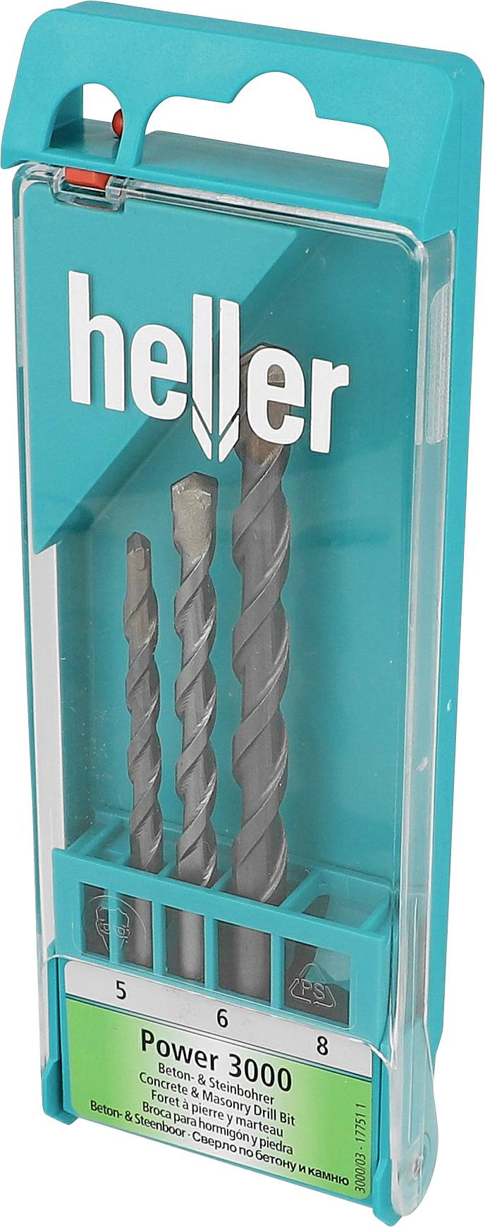 Paket burgija Heller Power 3000 u tirkiznoj plastičnoj zavisnoj kutiji za prikaz, prikazujući tri sive spiralne burgije i naziv brenda 'heller'.