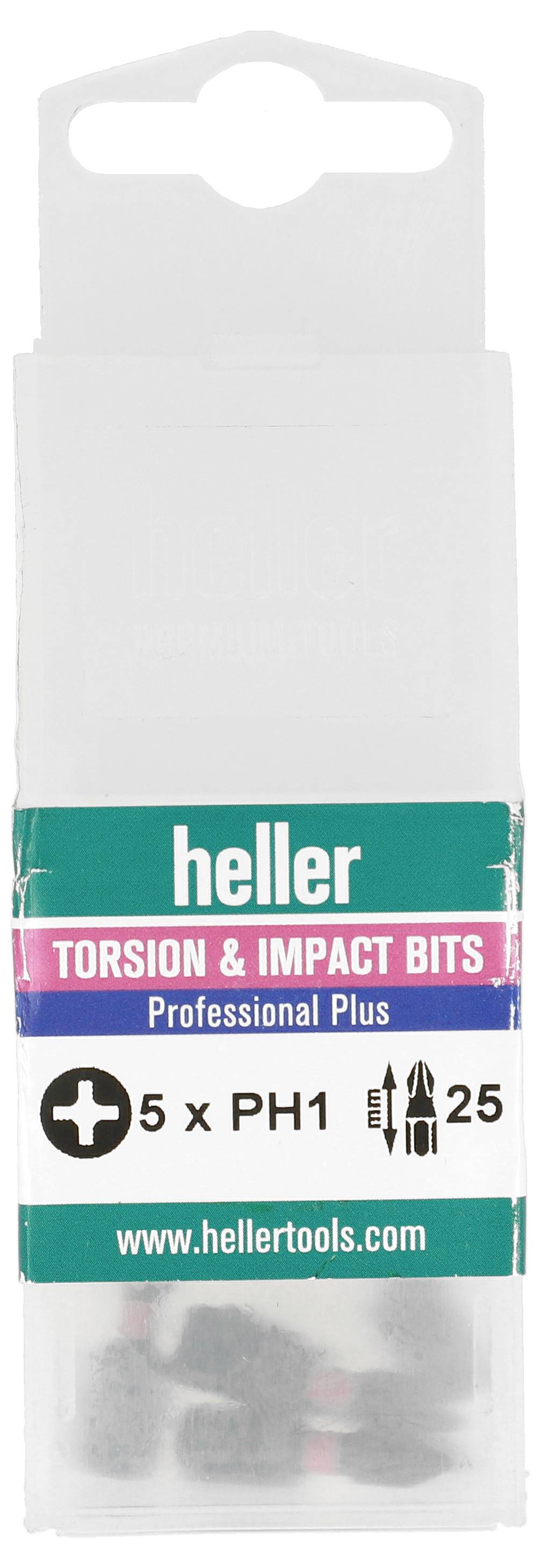Heller 'Torsion & Impact Bits' Profesionalni Plus paket, prikazuje 5 x PH1 odvijač bita, duljina 25 mm, sa brendom i web stranicom na etiketi.