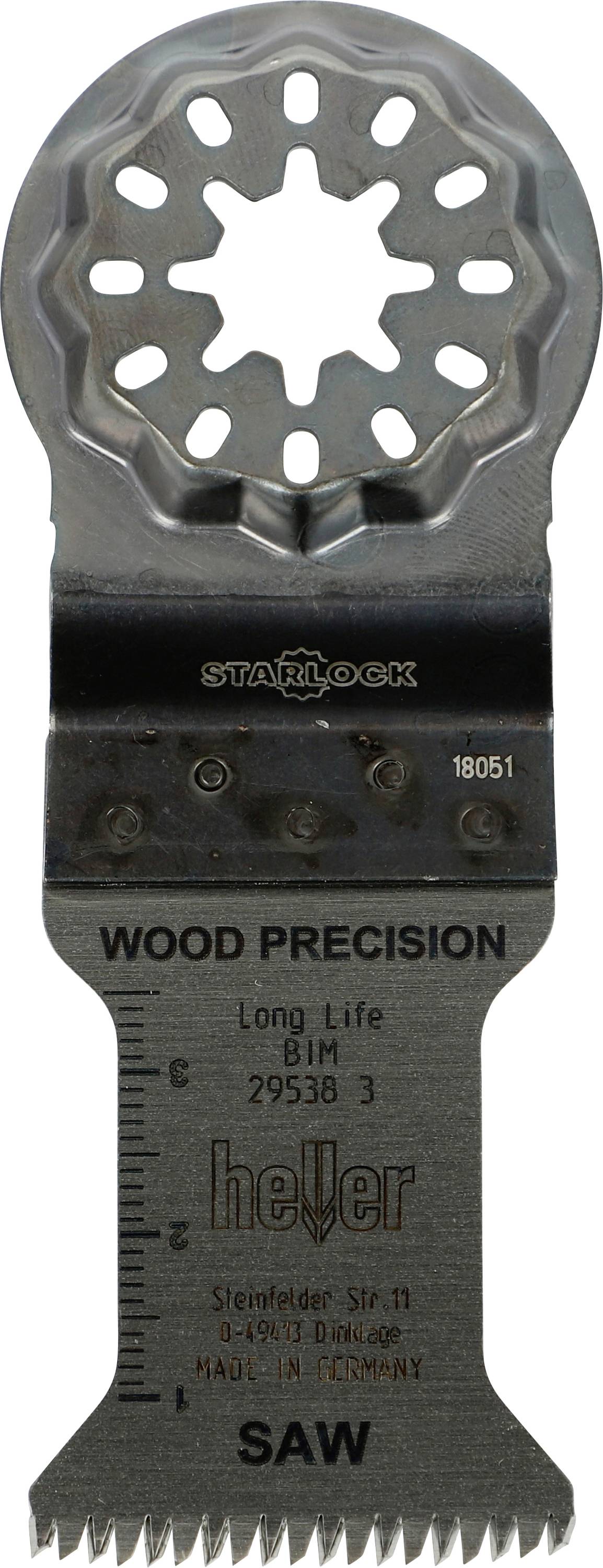 Detaljni snimak Starlock drvene precizne oscilatorne pile s ozubljenim reznim rubom i ispisanim oznakama 'WOOD PRECISION' i 'SAW'.