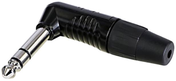 Crni kutni adapter utikača od 6,35 mm za audio kablove, položen na bijelu površinu.