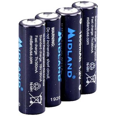 Četiri crne AA baterije s natpisom 'MIDLAND', 1800mAh, 1,2V Ni-MH, 'UPOZORENJE', i uputama za punjenje.