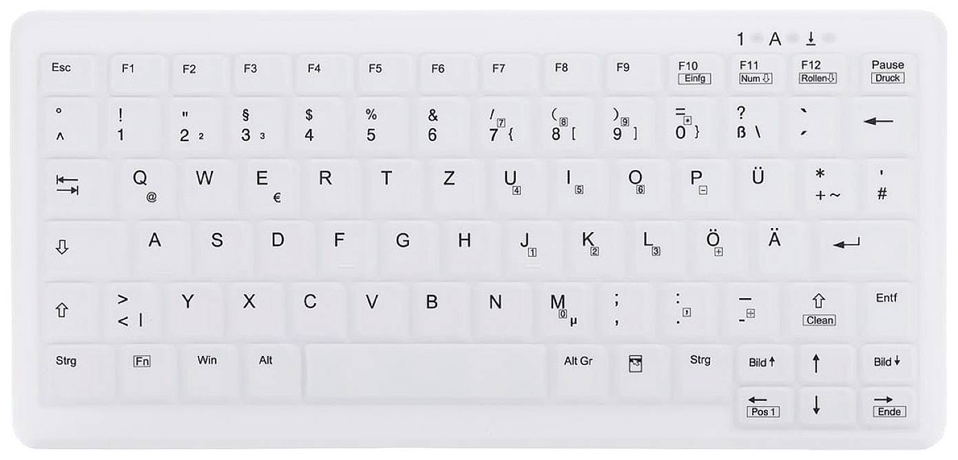 Bijela USB tipkovnica u QWERTZ rasporedu s redom funkcijskih tipki i numeričkim blokom. Tipke su označene; bez dodatnih informacija.