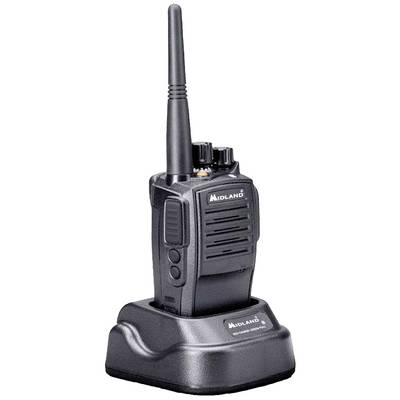 Crni radio uređaj s dugom antenom stoji u punjačkoj stanici. Na vrhu se nalaze tipke za podešavanje frekvencija.